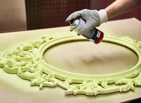 A picture showing the process of spray painting an intricate UNG DRILL picture frame to a light green colour.