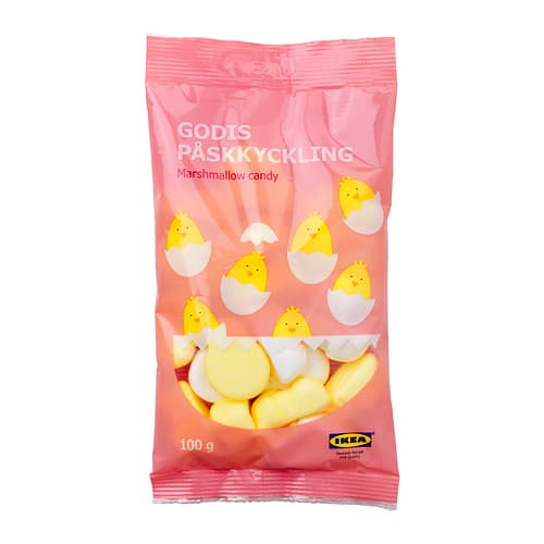 A pink package of candy with yellow cartoon chicks in an egg shell on the label. 