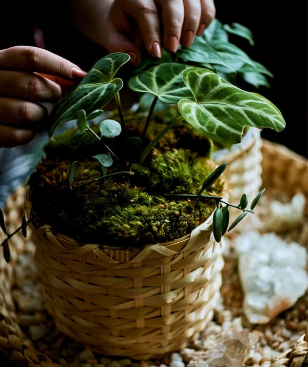 A plant covered in moss in a natural woven pot.