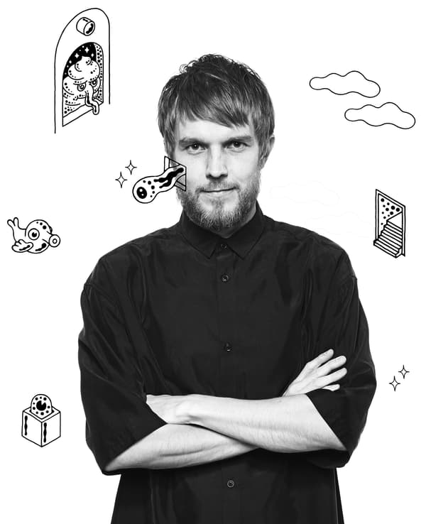 A portrait of Henrik Preutz covered with fun illustrations
