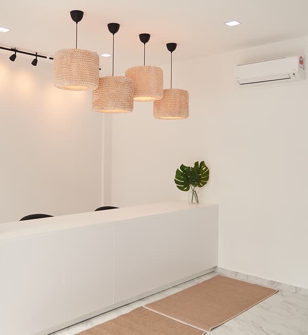 A recption area featuring light brown ceiling lights, a white countertop.