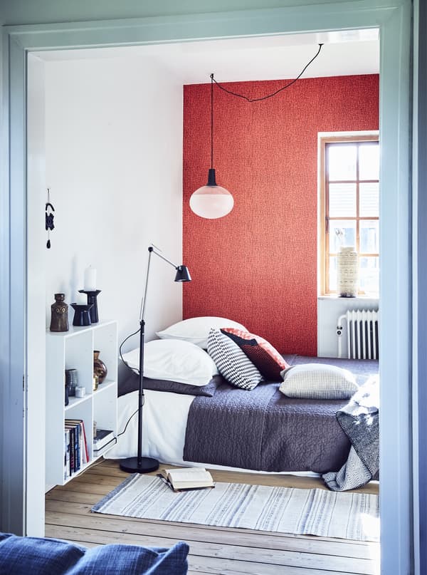 A red, white and blue bedroom.