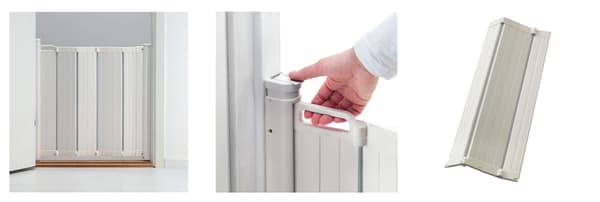 A Safety gate extension in a doorway, a hand adjusting the safety extension, and the extension against a white background.