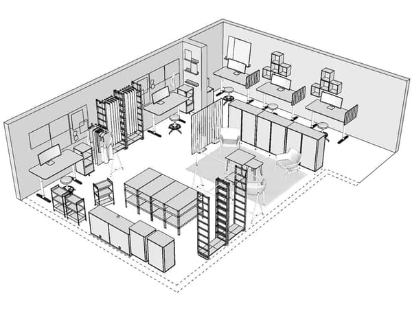 A schematic, black-and-white 3D sketch of a large room furnished as an open-floor plan, airy workplace.