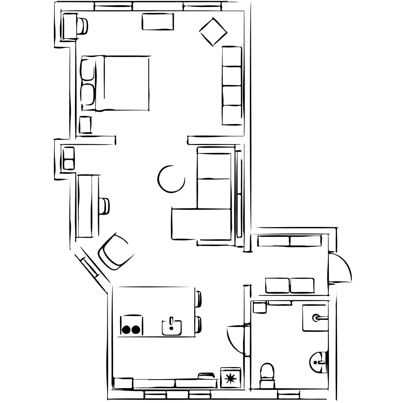A schematic drawing of the layout of an apartment.