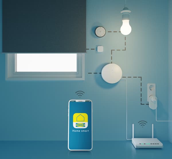 A schematic showing the IKEA Home smart app on a smartphone, and some set-up options with several Home smart units.