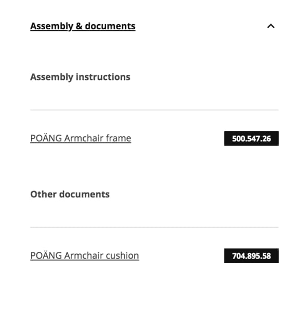 A screenshot from product information page with links to assembly instructions.