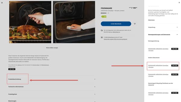 A screenshot of the IKEA website of an oven with a note that there is a link to the instructions under 