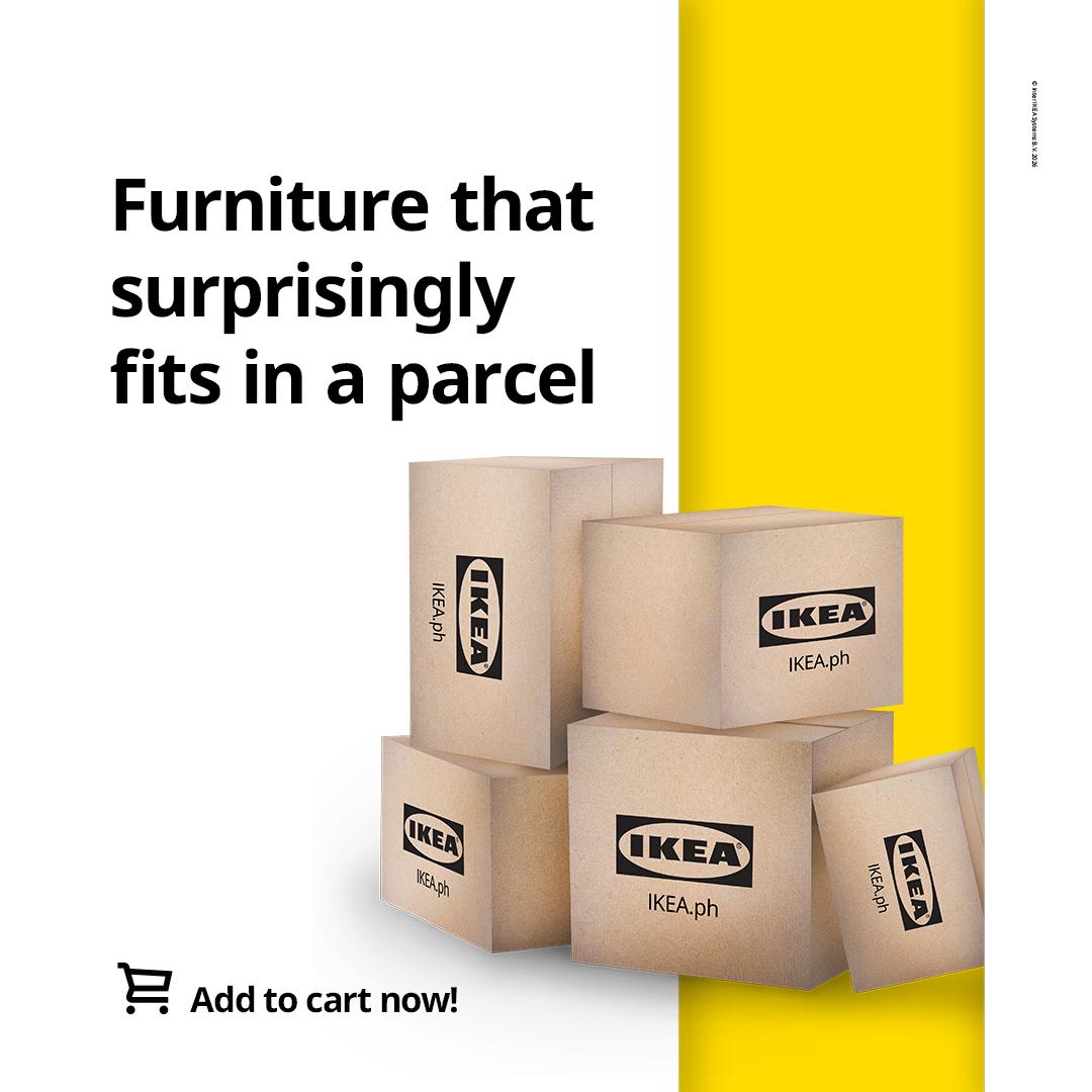 A set of stacked IKEA boxes with 'Furniture that surprisingly fits in a parcel' text. Yellow accent on the right. 'Add to cart now!' at the bottom."