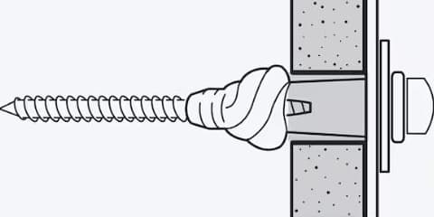 A sketch of a screw inside a wall plug which has been screwed into a wall made of a material such as plasterboard.
