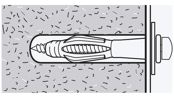 A sketch of a screw which is screwed into a wall made of something solid like brick. The screw is inside a wall plug.