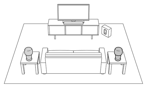 A sketch representation of a room containing a home theater system with a sofa and two small tables.