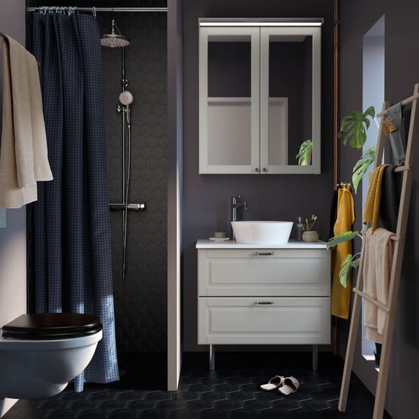 A small dark grey bathroom with white GODMORGON bathroom cabinet, TOLKEN countertop and KATTEVIK white bowl sink.
