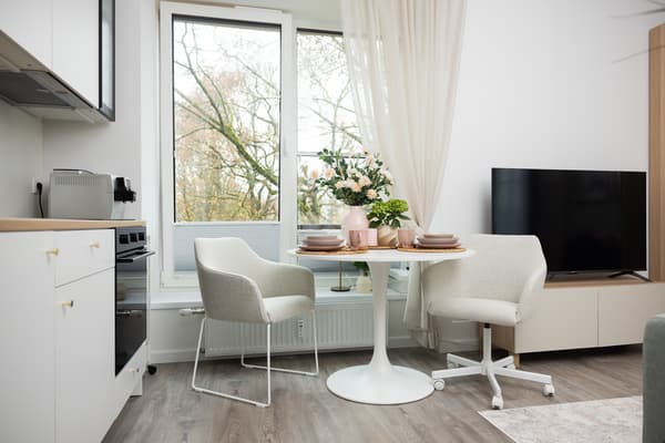 A small dining area by the window with a round table, chairs, plants, and a television next to the kitchen area.