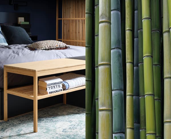 A split image with a table made from bamboo on one side, and bamboo in different green colour variations on the other.