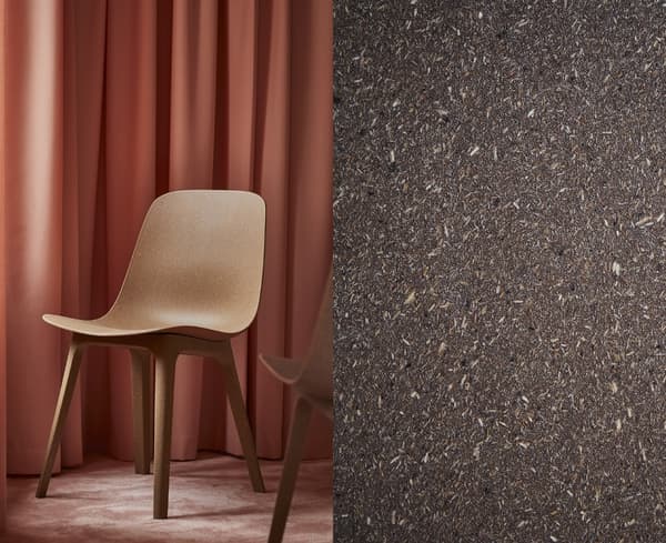 A split photo showing a finished scooped ODGER dining chair and a closeup of natural composite material.