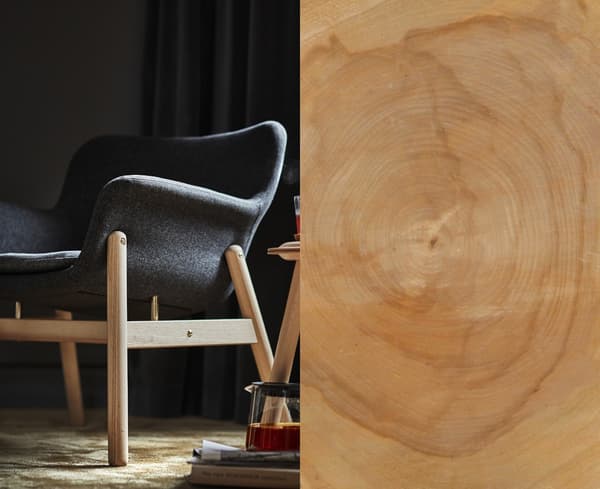 A split photo showing a wood plank and a finished VEDBO armchair with wooden legs and frame.
