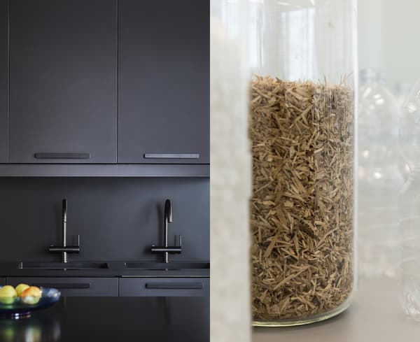 A split photo showing KUNGSBACKA kitchen fronts and a closeup of recycled scraps of wood, paper and plastic in a jar.