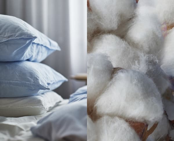 A split picture with a few stacked pillows on the left and a pile of cotton on the right.