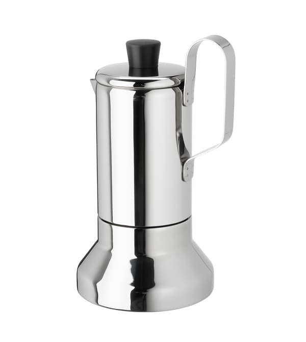 A stainless steel espresso maker.