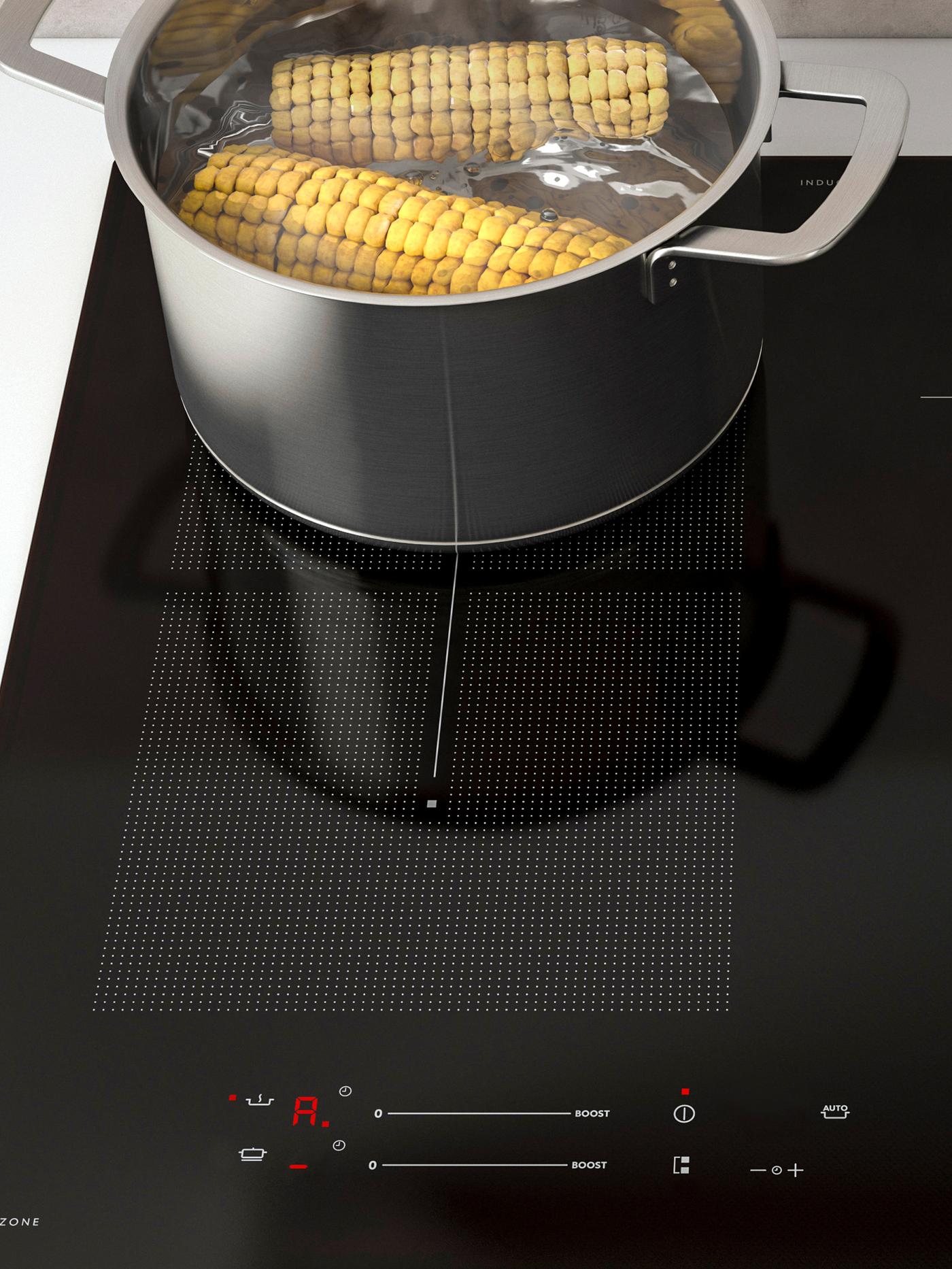 A stainless steel pot boiling two corn cobs on an induction hob, showing the auto-cook function.