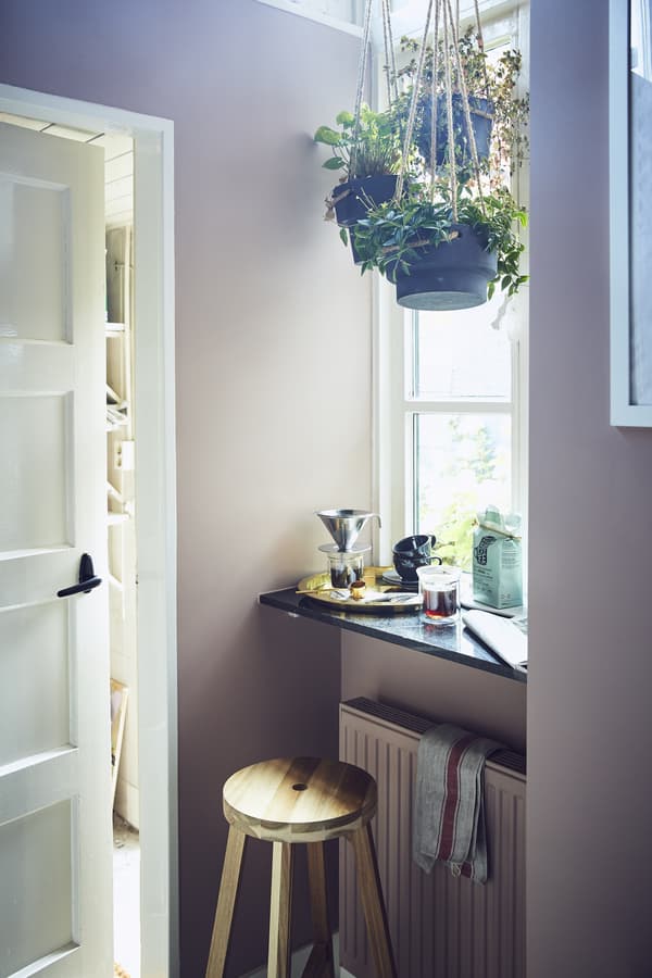 A stool and ledge in front of a large window with hanging plants and coffee-making equipment