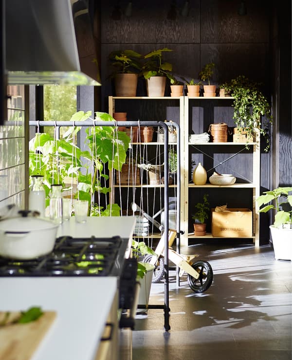  A Swedish-styled kitchen with lots of plants growing in the background.