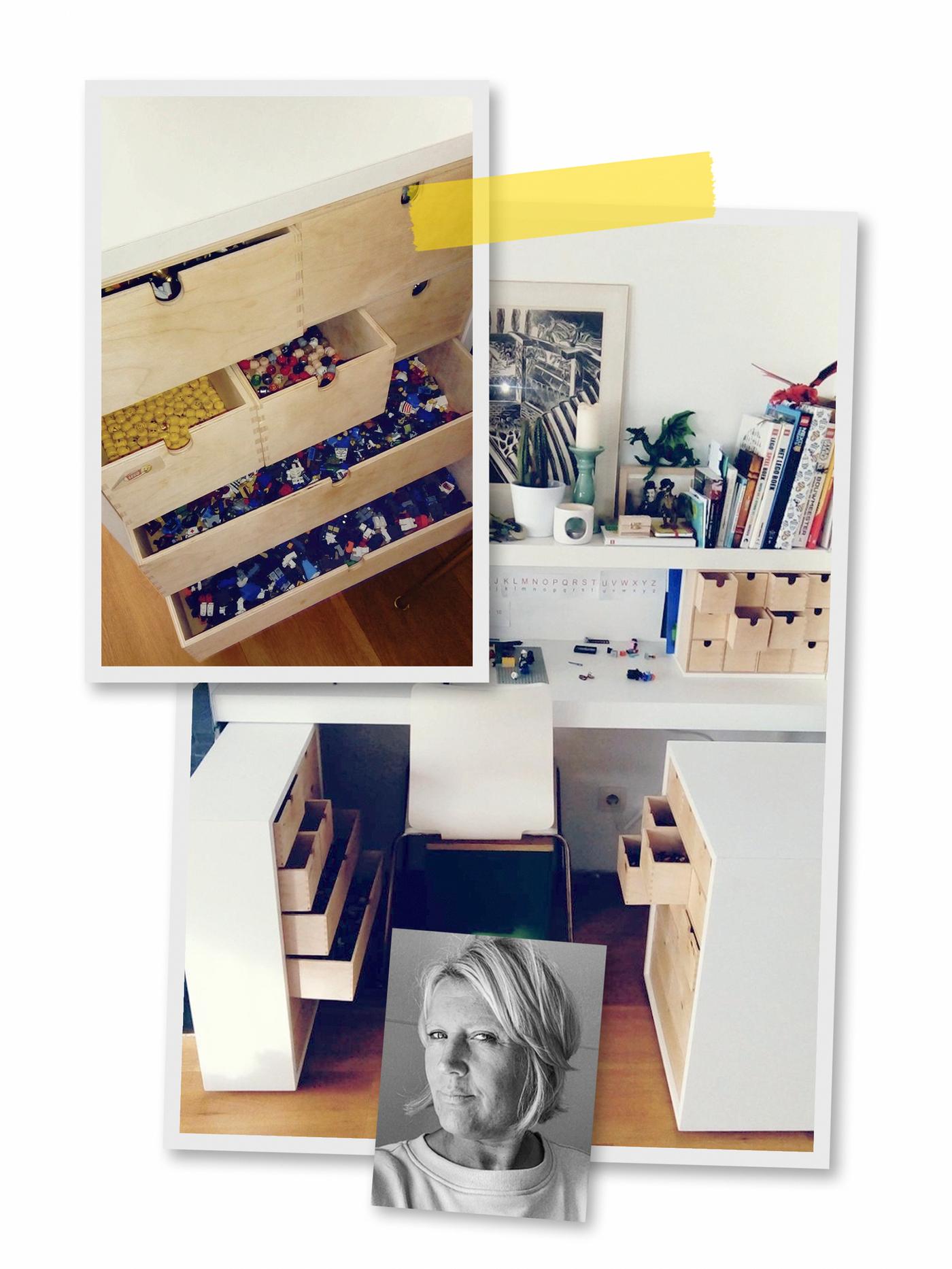 A three-image collage: a child’s desk surrounded by easy-to-reach building-block storage, and an image of an IKEA co-worker.