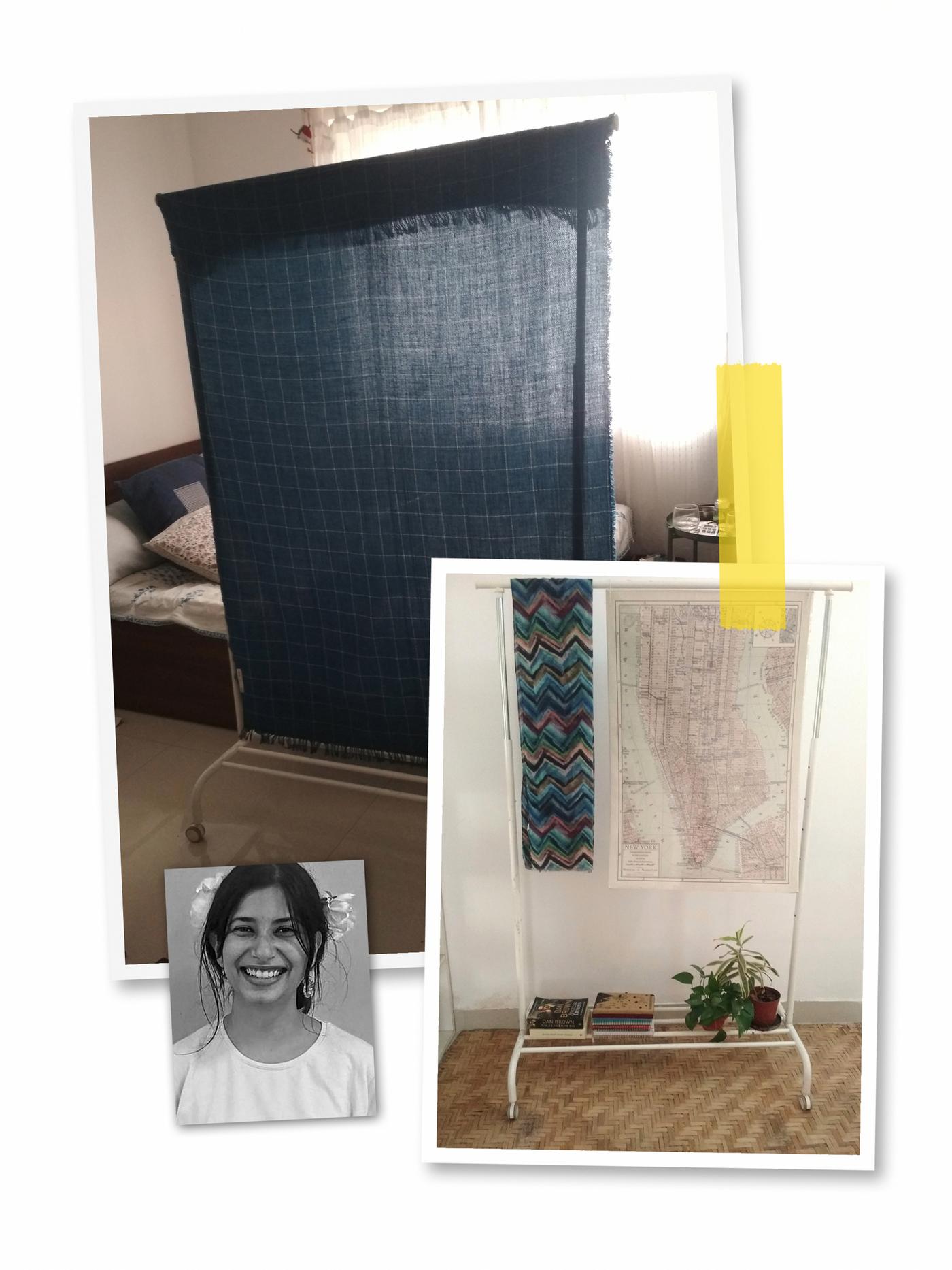 A three-image collage: a MULIG clothes rack used as a room divider and as decoration, and a portrait of an IKEA co-worker.
