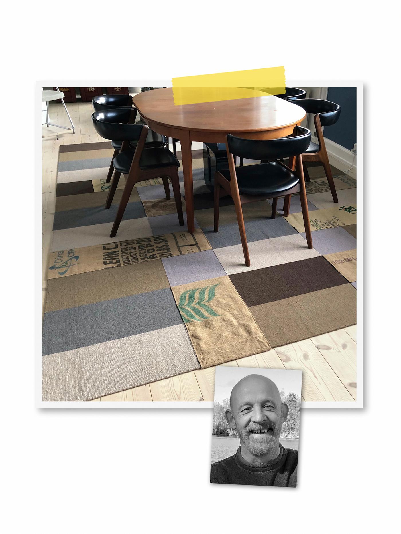 A two-image collage: a block-pattern STOCKHOLM rug with coffee-bag patches sewn onto it, and a portrait of an IKEA co-worker.