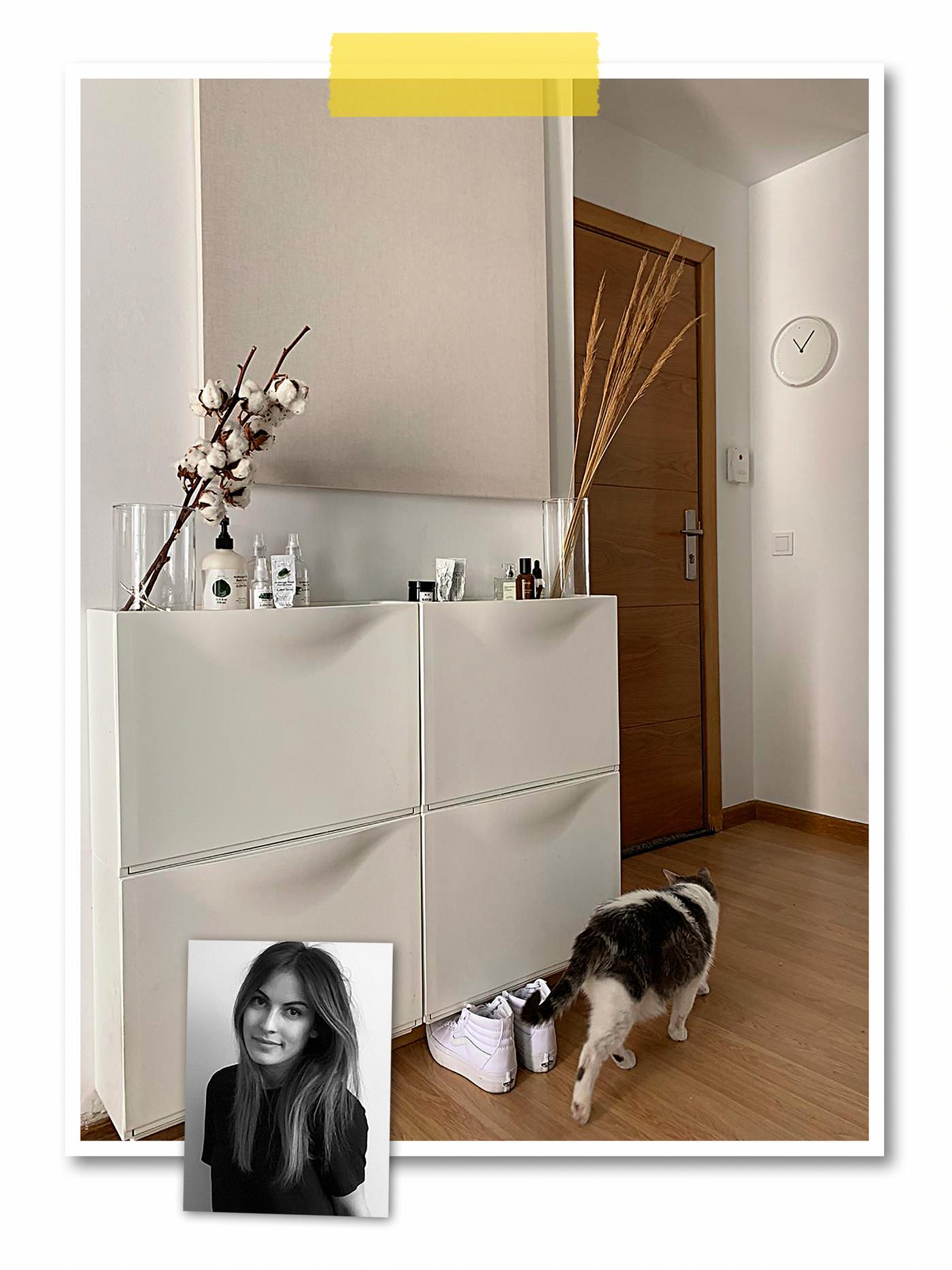 A two-image collage: a hallway with parallel, white TRONES shoe cabinets, vases on top, and an image of an IKEA co-worker.