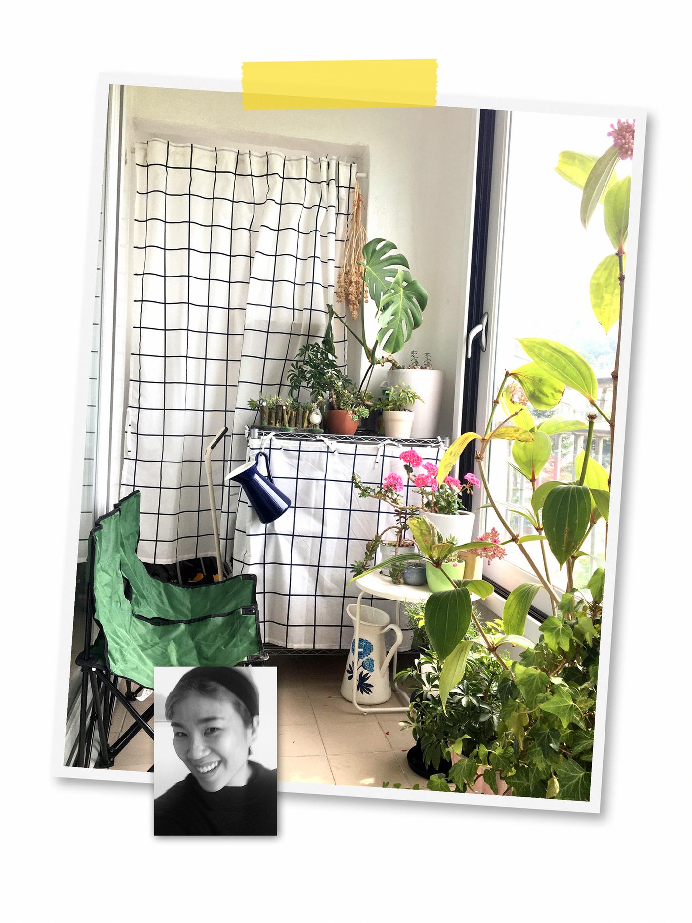 A two-image collage: a room filled with plants and shelves covered by patterned fabric, and a portrait of an IKEA co-worker.