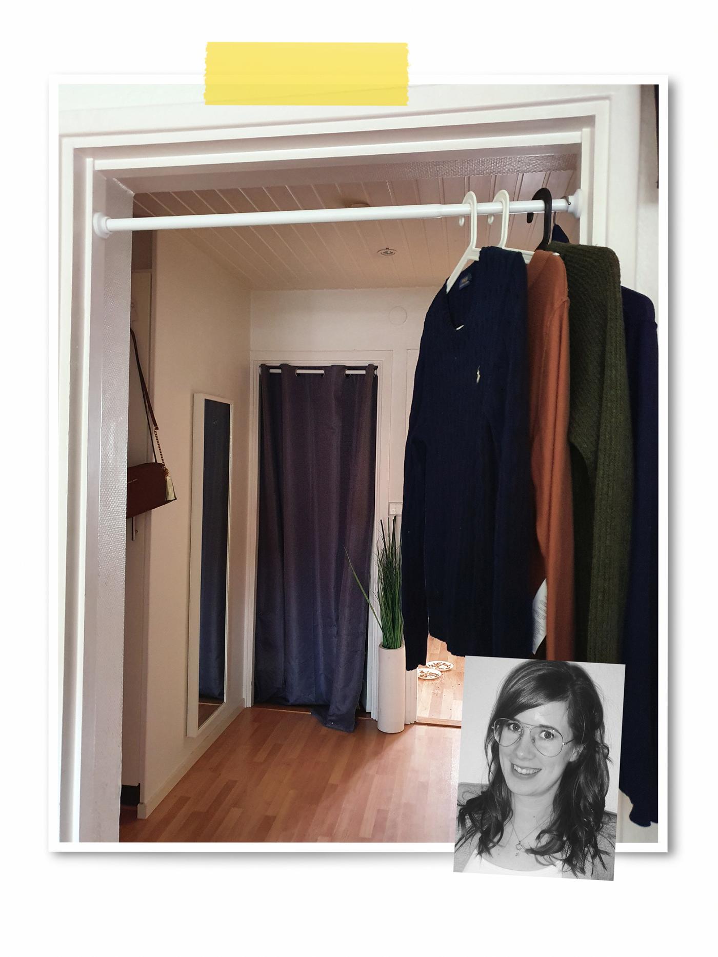A two-image collage: a room with one doorway curtained, another with a rod with hangers, and an image of an IKEA co-worker.