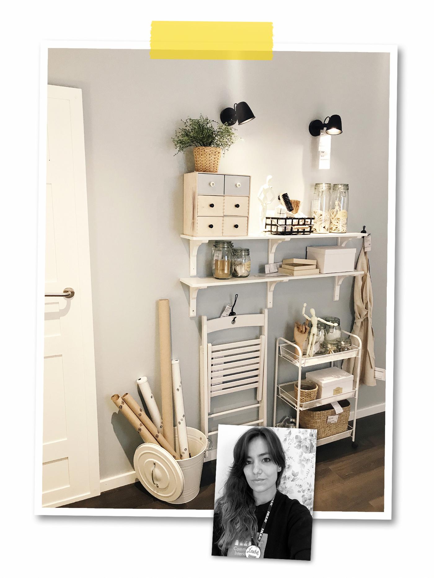 A two-image collage: a wall storage arrangement of shelves, lamps and a HORNAVAN trolley, and an image of an IKEA co-worker.