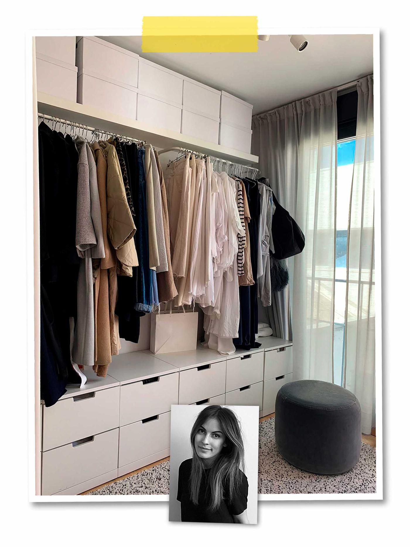 A two-image collage: a wall-wide wardrobe with a combination of open and closed storage, and an image of an IKEA co-worker.