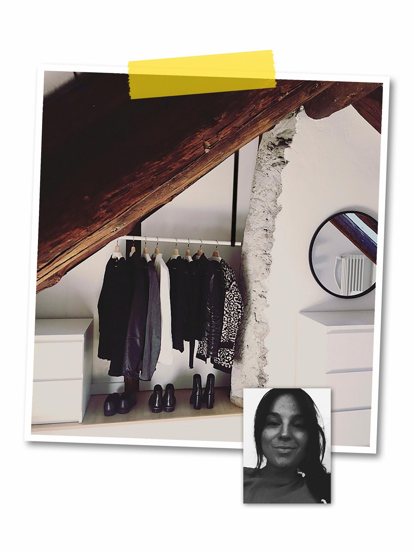 A two-image collage: clothes on a HUGAD rod hung by FRAKTA straps from a slanted ceiling, and an image of an IKEA co-worker.