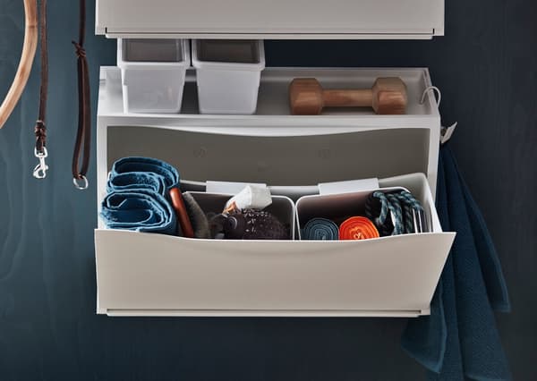 A wall-mounted IKEA TRONES shoe cabinet in a hallway stores dog accessories.