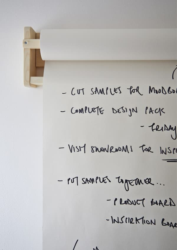 A wall-mounted paper roll with notes on.