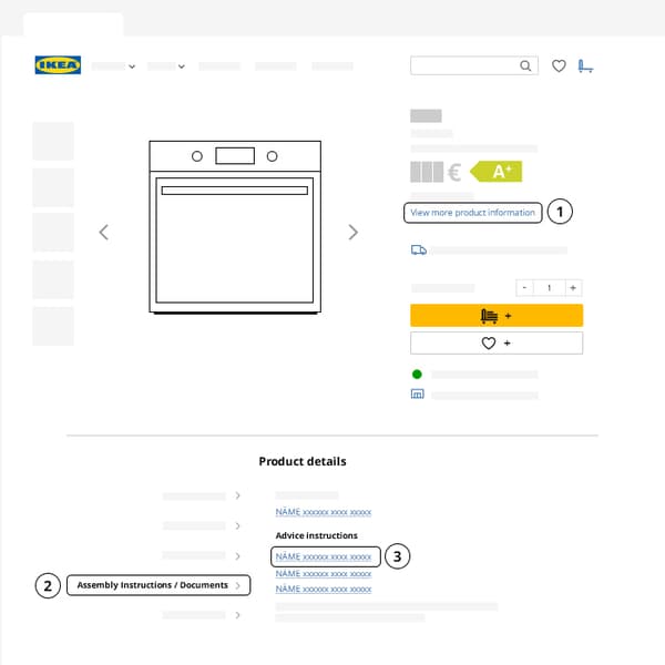 A web oven product information page with step 1.