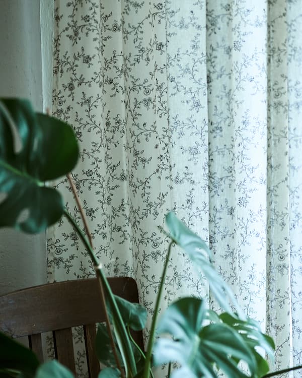 A white curtain with delicate black botanical print hanging at a window next to a dark wood dining chair and MONSTERA plant.