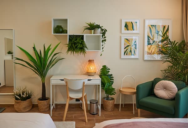 A white desk, green armchair amd decorative artificial plants are placed on a wooden tiled floor.