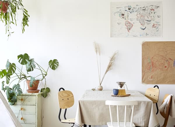 A white dining area with wooden chairs and a large Swiss cheese plant.