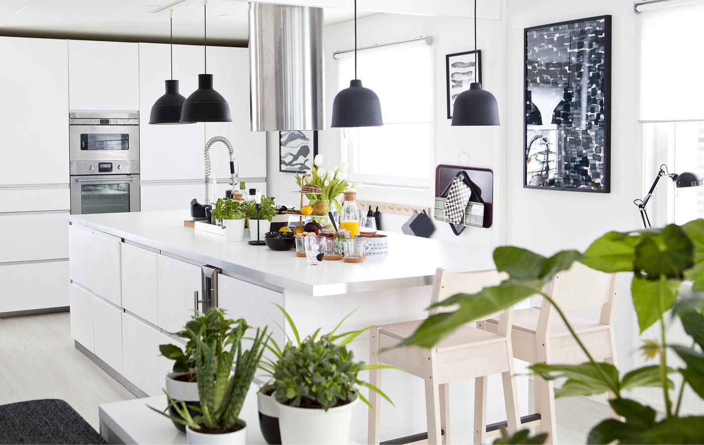 A white kitchen with black details and greenery.
