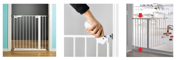 A white safety gate next to an image of a hand adjusting a safety gate, and an open gate with red arrows pointing to it. 