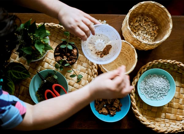 A woman’s hands placing bark in a pot on a table covered with planting supplies.