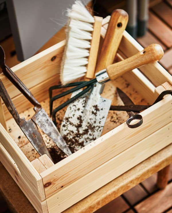 A wooden box is filled with gardening tools.