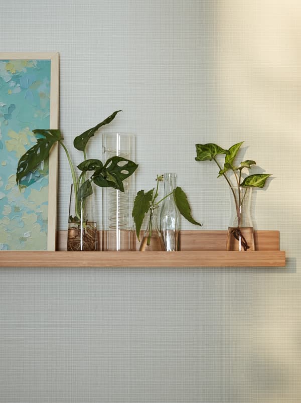 A wooden MÅLERÅS picture ledge on a wall with three contemporary vases and one IKEA PS candlestick vase with plantlets.