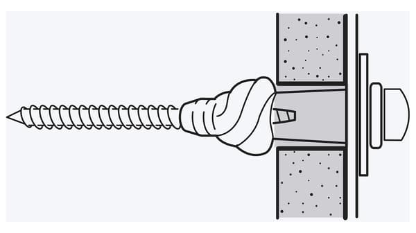 Abbildung einer Schraube in einem Dübel, der in eine Wand gedreht ist, die aus Gips besteht