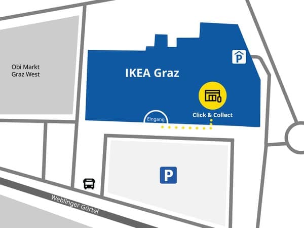 Achte bei der Abholung deiner Click & Collect Bestellung auf die in unserer überdachten Ladezone blauen, abgehängten Tafeln, rechts vom Ausgang!
Diese weisen dir mit den Beschriftungen "Click & Collect während der Öffnungszeiten" und "Click & Collect außerhalb der Öffnungszeiten" den Weg.