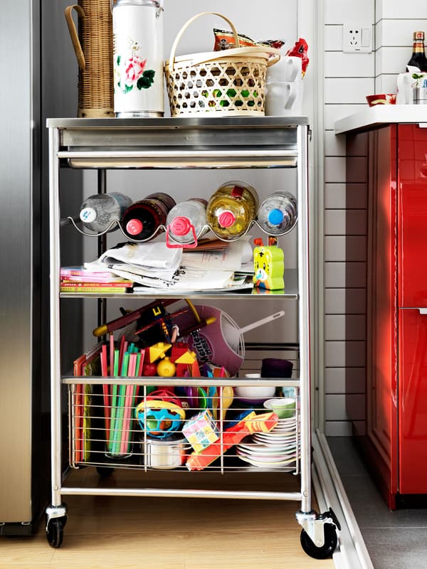 Add space to your kitchen with a portable trolley. Use it to store bulky items, or to wheel everything to the dining table in one go, rather than going back and forth.